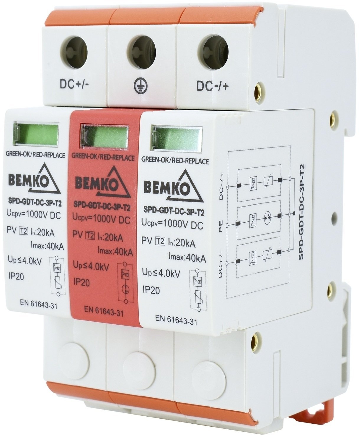 OGRANICZNIK PRZEPIĘĆ 3P DC 1000V TYP T2 Z ISKIERNIKIEM GAZOWYM A52-SPD-GDT-DC-3P-T2