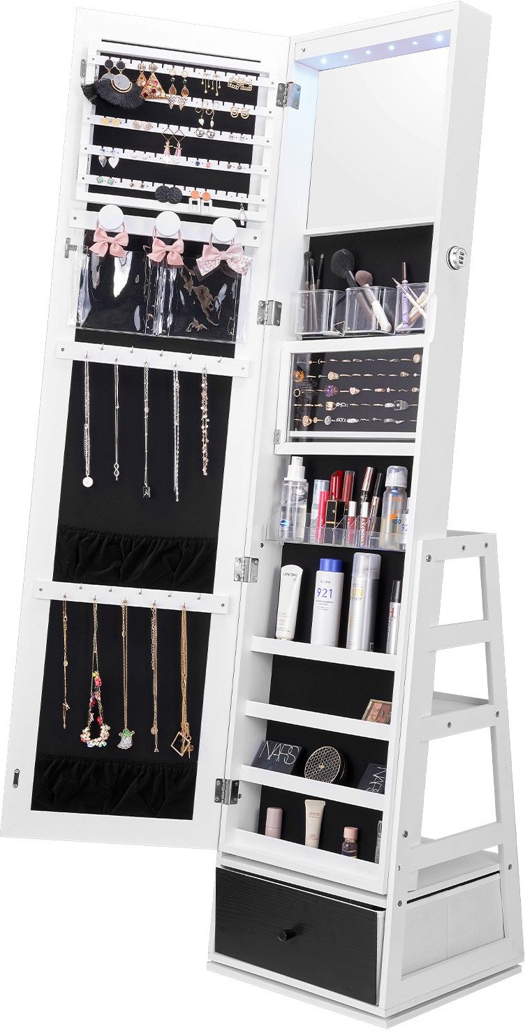 Obrotowa Szafa na Biżuterię z Lustrem 360 Biała