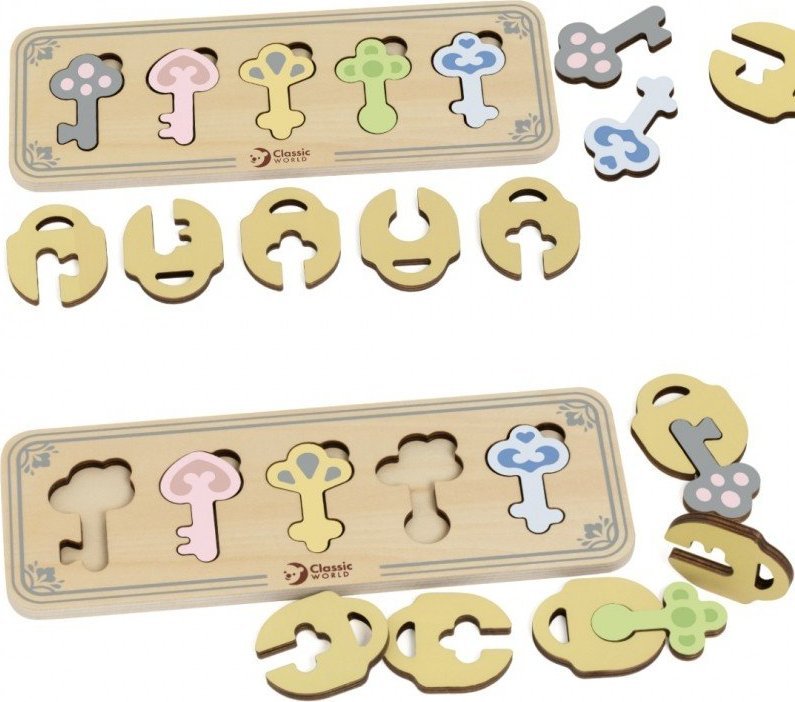 Classic World CLASSIC WORLD Drewniana Układanka Montessori Sensoryczna Klucze i Zamki do Dopasowania