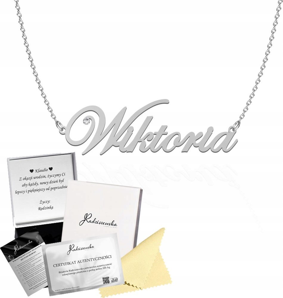 Radziszewska Jewellery Naszyjnik Srebrny z imieniem Wiktoria Łańcuszek 925 DEDYKACJA GRATIS