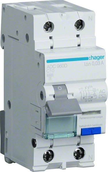 Hager Wyłącznik różnicowoprądowy z członem nadprądowym C/6KA, 10A, 30mA, 2 biegunowy, typ AC
