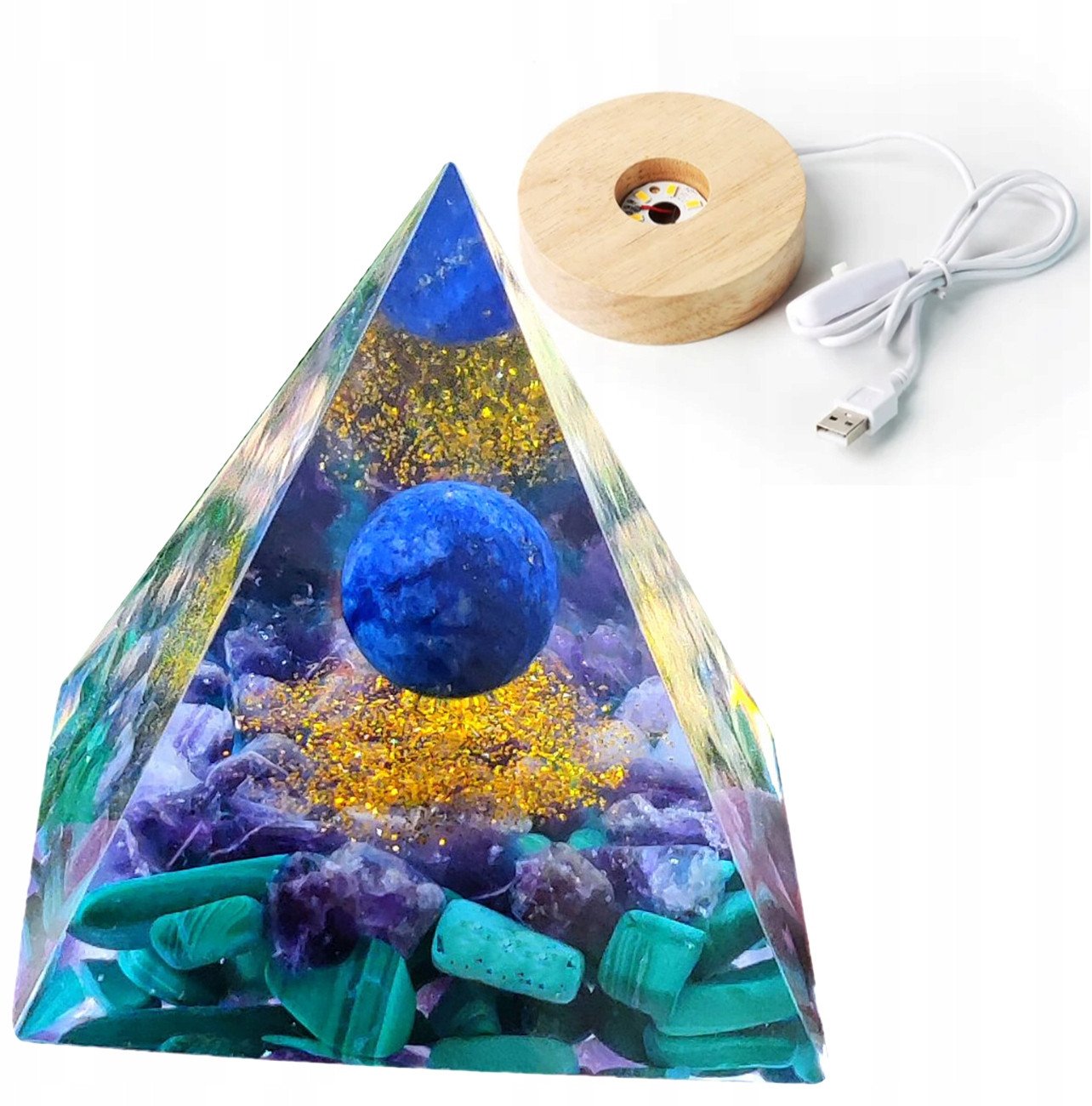 Piramida ORGONIT +LED Lampka PODSTAWA 5cm KRYSZTAŁ KAMIENIE AMULET 5cm HX21