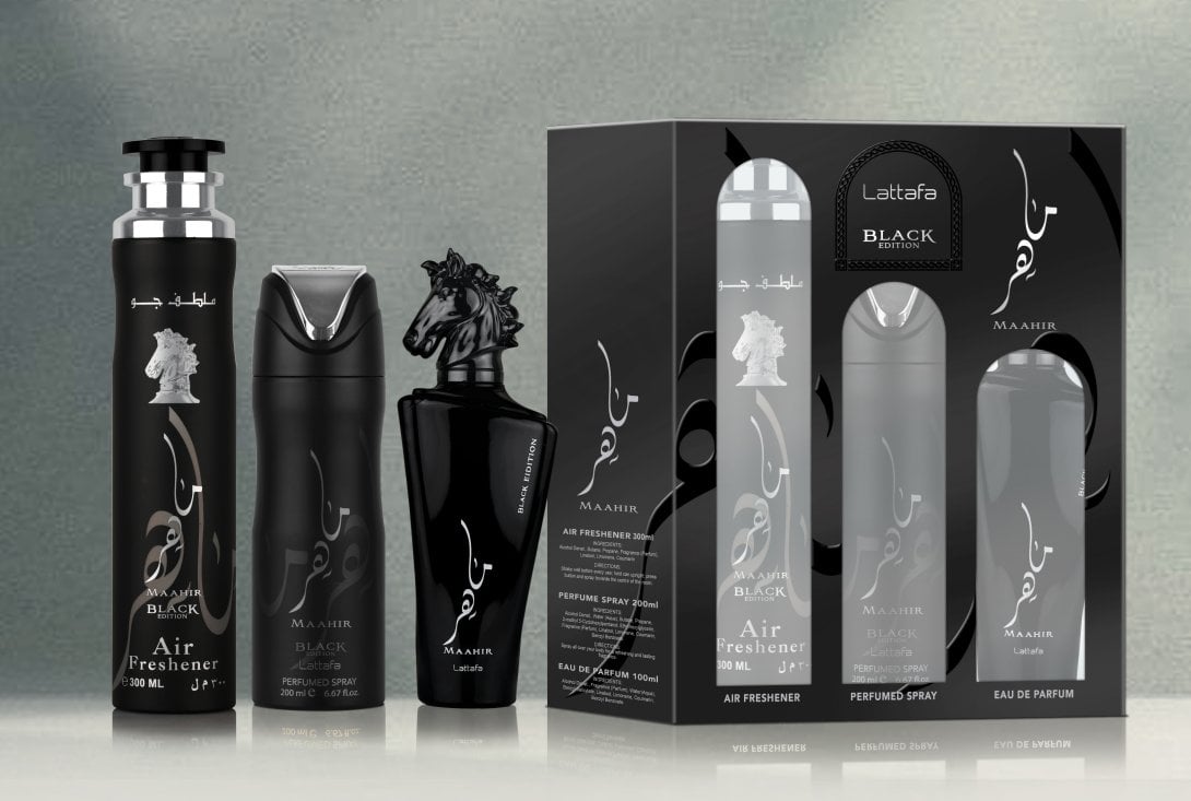 SET LATTAFA Maahir Black Edition EDP spray 100ml + PERFUMED SPRAY 200ml + AIR FRESHENER 300ml