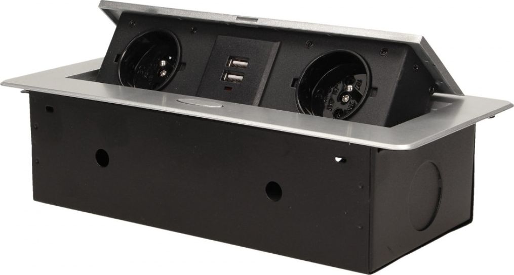 Orno Gniazdo meblowe wpuszczane w blat z płaskim frezowanym rantem i ładowarką USB, 2x2P+Z, 2xUSB, srebrny