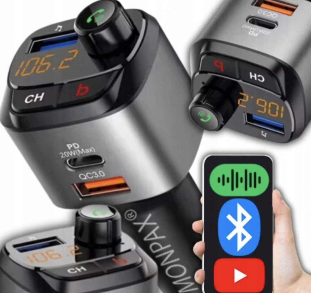 TRANSMITER SAMOCHODOWY FM BLUETOOTH ZESTAW GŁOŚNO MÓWIĄCY ŁADOWARKA QC 3.0