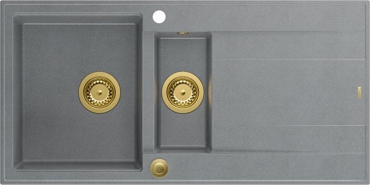 Zlewozmywak GraniteQ EVAN 156 GraniteQ zlewozmywak z syfonem Push To Open 1,5-komorowy z/o (1000x500x210; kom. 420x480) silver stone / elementy złote