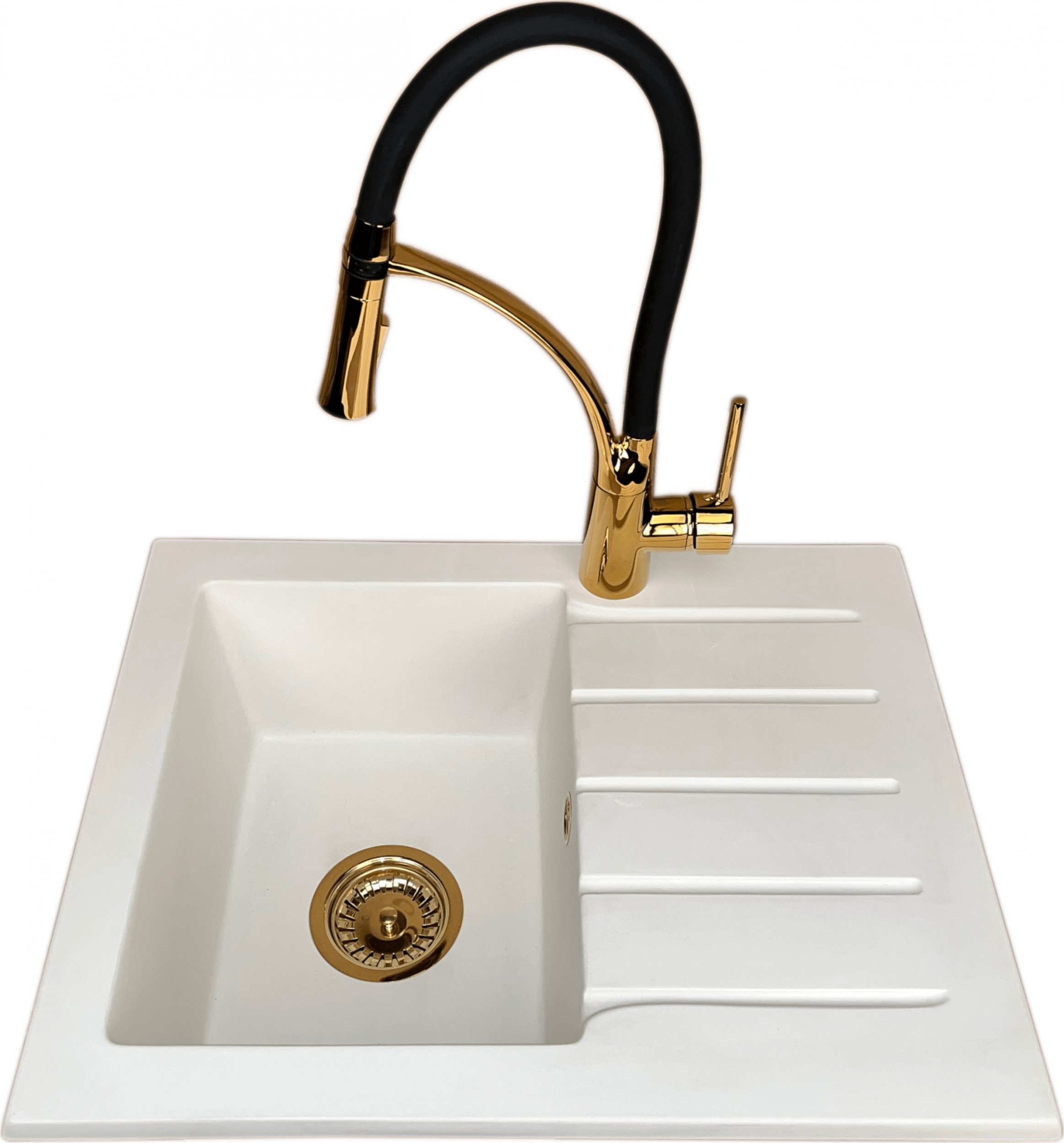 Zlewozmywak PREHNIT Zlewozmywak jednokomorowy z ociekaczem ARAGON biały z prawym ociekaczem + bateria złota NEXO