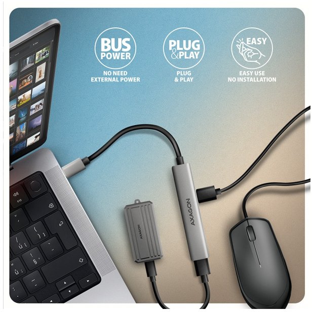 HUB USB Axagon HUE-STC, 4x USB ALU STRIP hub, 1x USB-A 5Gbps, 2x USB-A & 1x USB-C 480Mbps, kabel USB-C 12cm