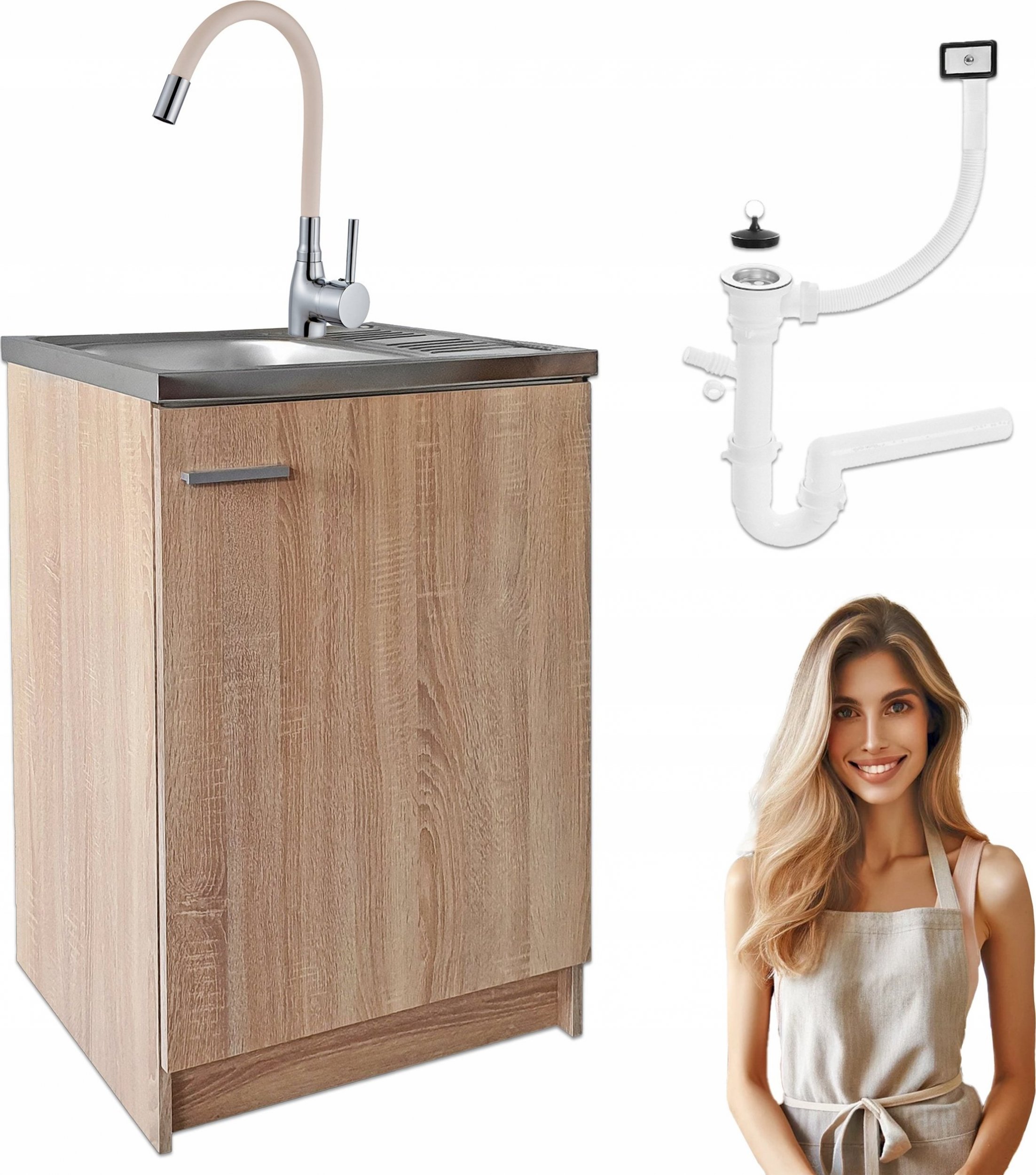 Stamar Szafka Kuchenna Sonoma 60 cm + Zlew Deante + Syfon + Bateria Elastyczna Beż