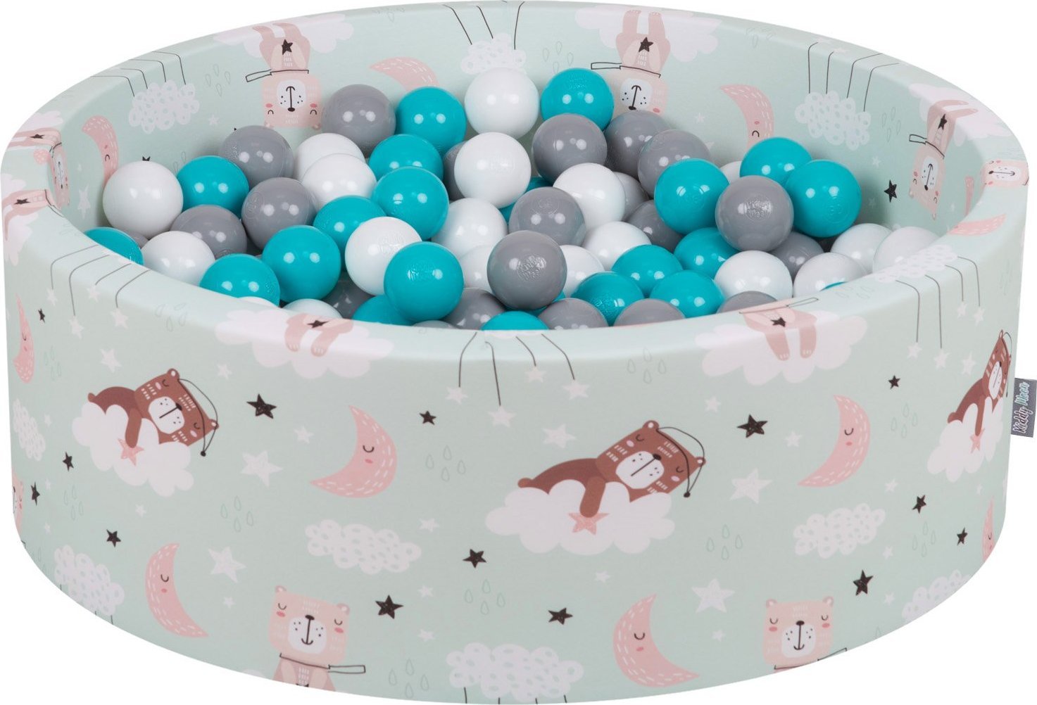 KiddyMoon KiddyMoon Suchy basen okrągły z piłeczkami 7cm śpiące misie-zielony: szary-biały-turkus 90x30cm/300piłek Zabawka basen piankowy