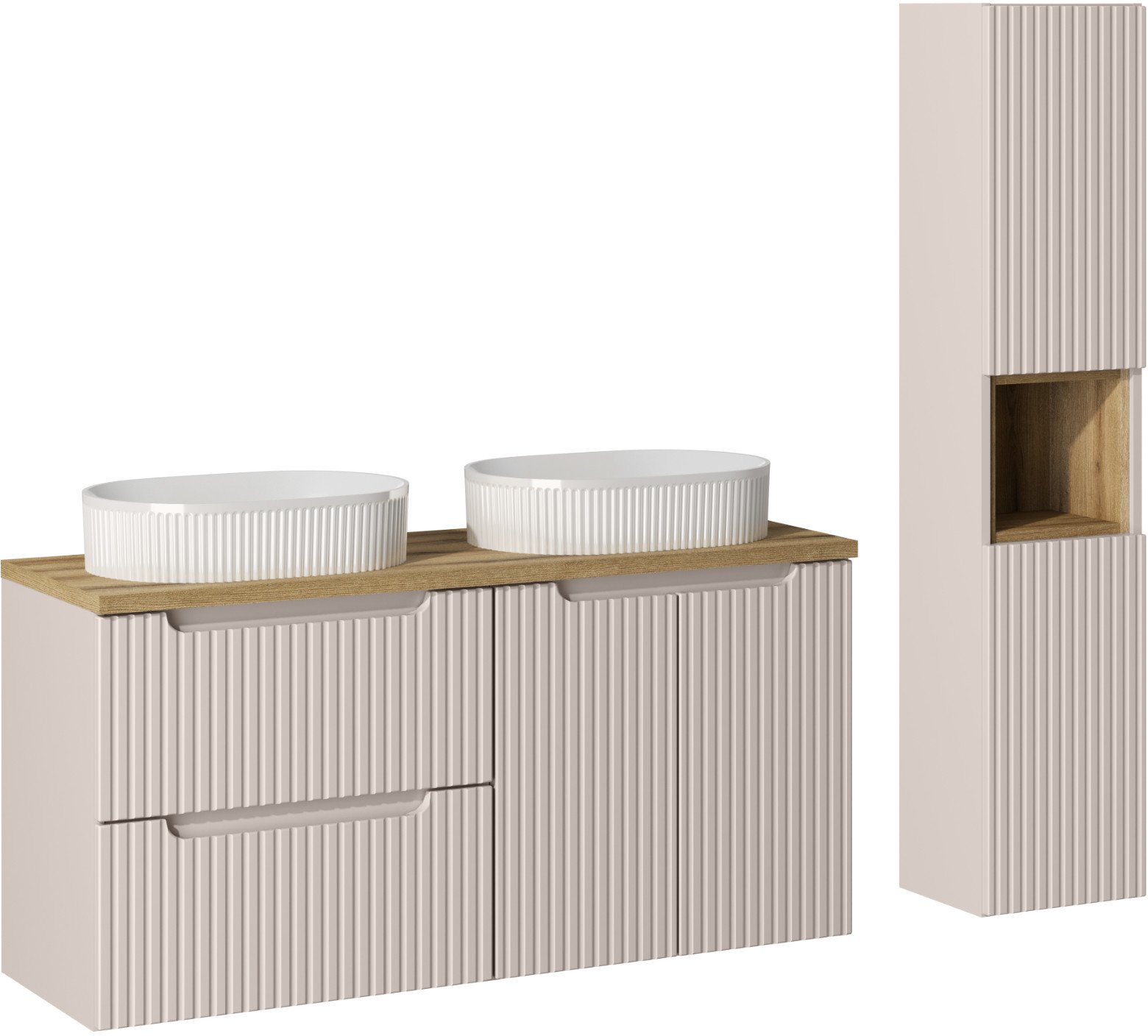 Zestaw meblowy 120cm z blatem, 2 umywalkami nablatowymi Beyond i szafką wysoką