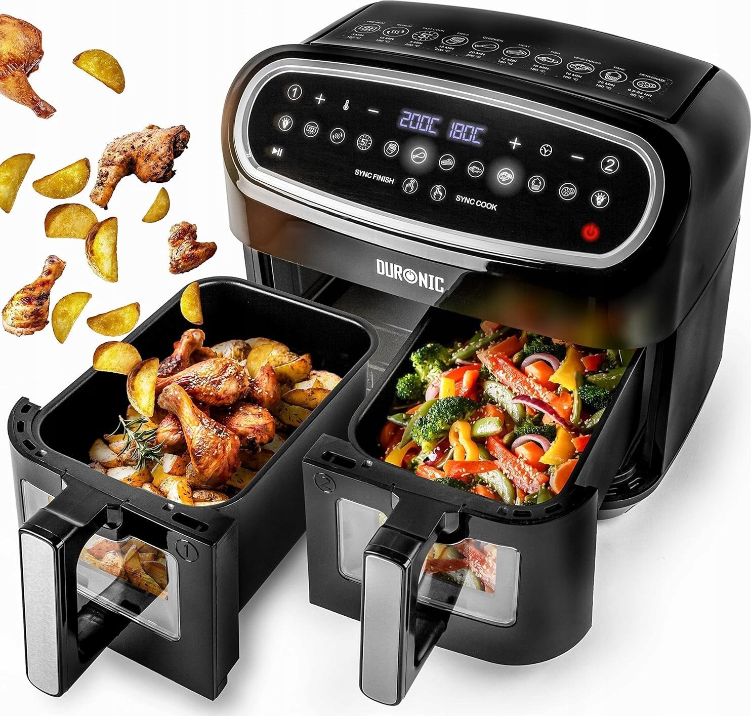 Frytkownica beztłuszczowa Duronic Duronic AF24 Airfryer XXL dwie komory po 4,5l | frytkownica beztłuszczowa podwójna | na gorące powietrze piekarnik