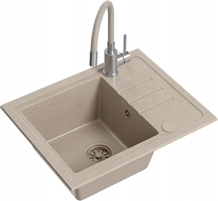 Zlewozmywak BEN 116 zlewozmywak granitowy river sand 55x44 z beżową baterią z elastyczną wylewką, z beżowym syfonem i beżową zaślepką