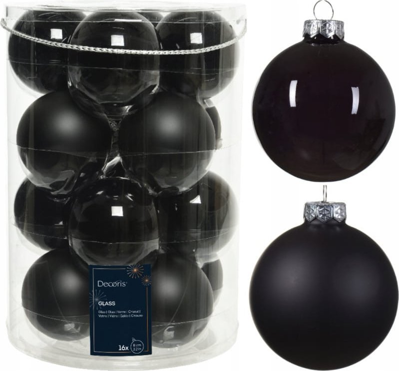Kaemingk Zestaw 16 czarnych szklanych bombek choinkowych 8cm błyszczące matowe