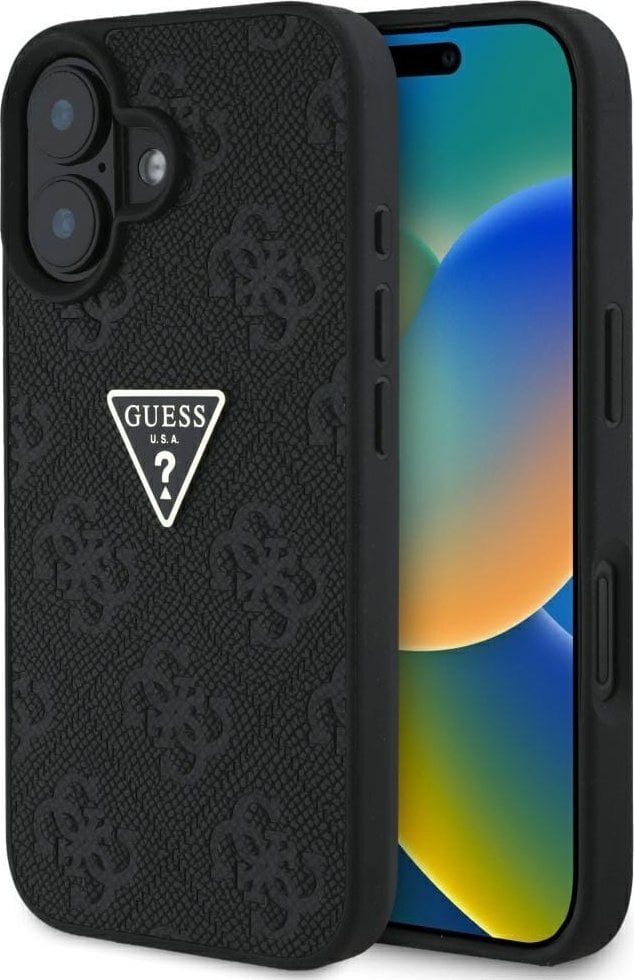 Guess Hot Stamp 4G Pattern Triangle Metal Logo case for iPhone 16 black
