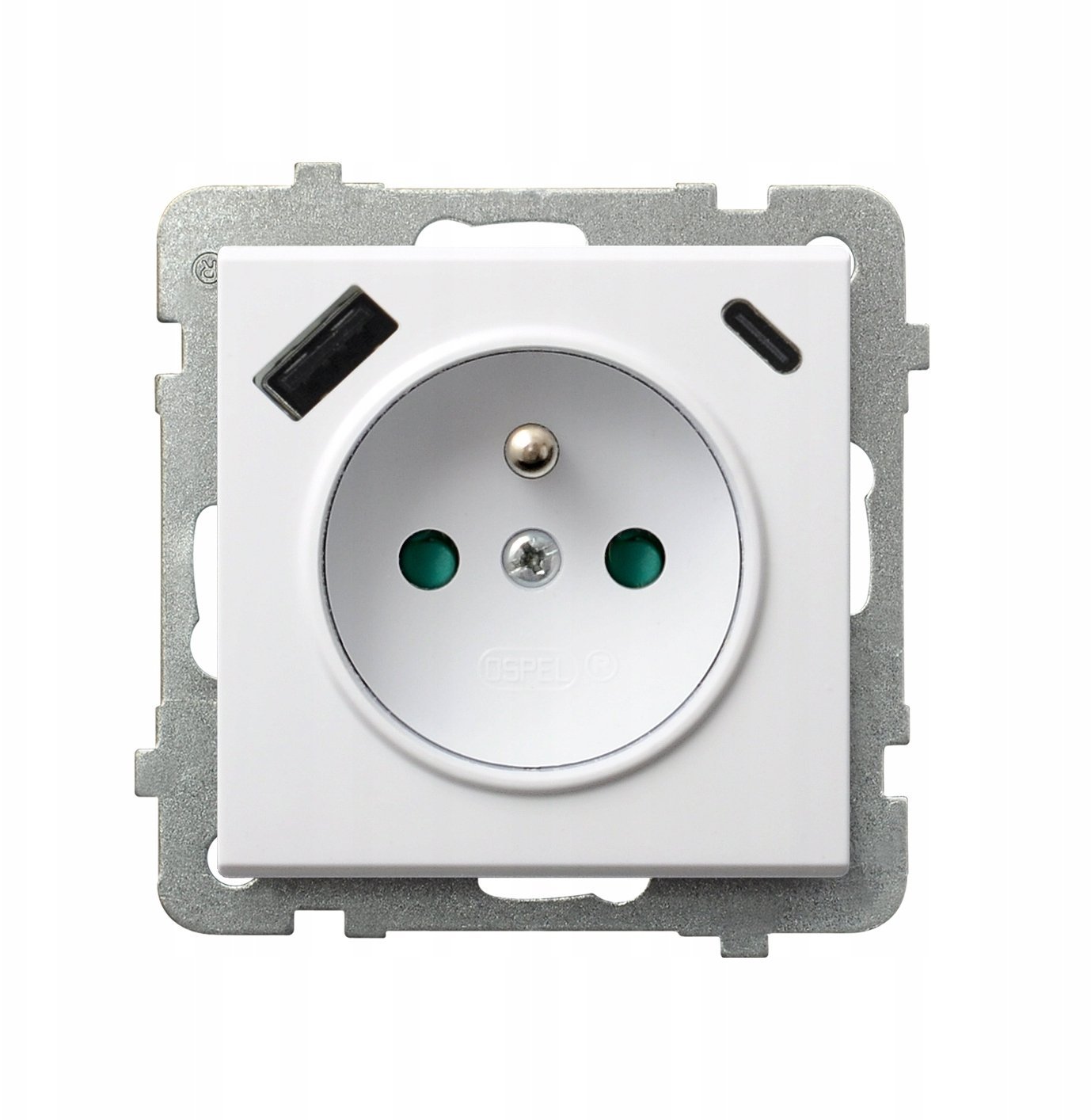 SONATA Gniazdo pojedyncze z uziemieniem z przesłonami torów prądowych, z ładowarką USB A+C biały GP-1RZPUSBAC/m/00