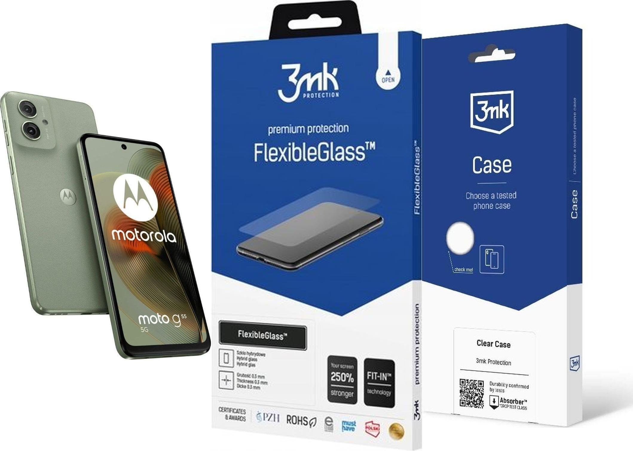 Smartfon Motorola Moto G55 5G 12/256GB Zielony (PB5U0034PL) + FlexibleGlass + Etui Clear Case