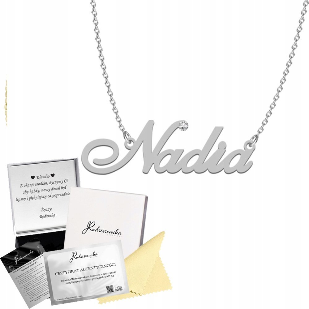 Radziszewska Jewellery Naszyjnik z imieniem NADIA Łańcuszek SREBRO 925 Prezent DEDYKACJA GRATIS