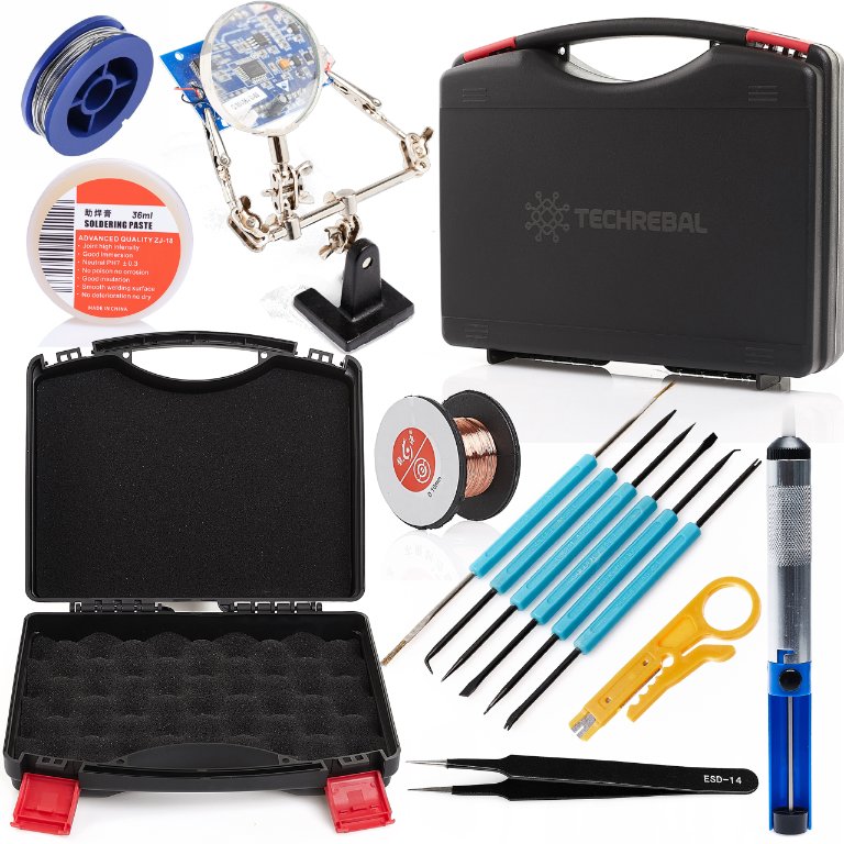 Narzędzia do Lutowania w Walizce 14 Sztuk Trzecia Ręka Odsysac Pęseta Drut