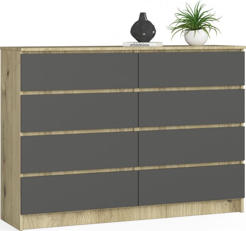 Fabryka Mebli Akord Komoda do salonu K 140 cm 8 szuflad - dąb artisan-grafit szary