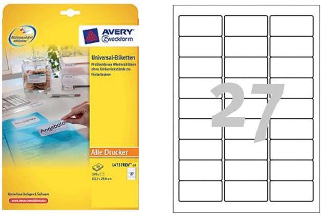 Avery Zweckform etykiety 63.5mm x 29.6mm, A4, białe, 27 etykiety, odłączana, pakowany po 25 szt., L4737REV-25, do drukarek laserow - L4737REV-25