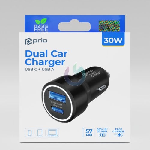 prio DUAL Car Charger USB A+USB C 30W black 23432(PCC-1105) (4067397057341)