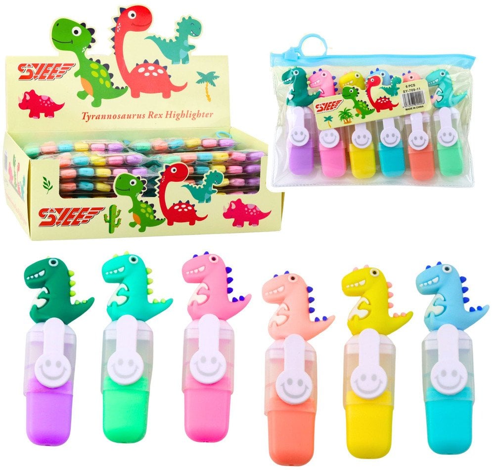 Zestaw Mini Zakreślacze Z Dinozaurem W Etui Kolorowe 6szt 8cm