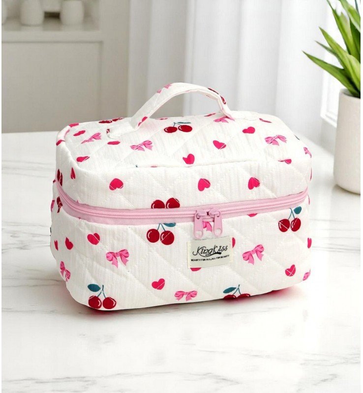 Kosmetyczka damska pikowana kuferek wisienki, kokardki 16 x 16 x 25 cm KS150