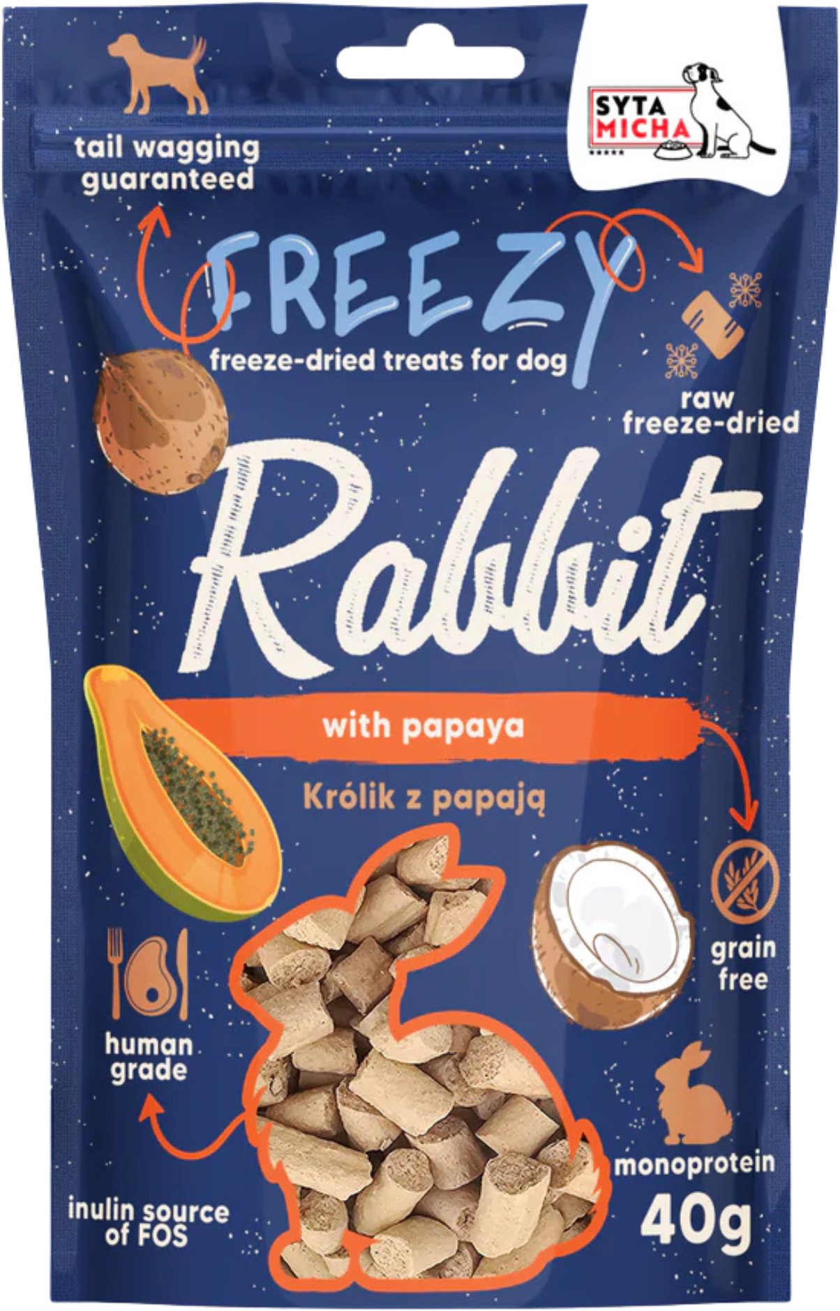 Syta Micha FREEZY Liofilizowane przysmaki dla psa Królik z papają 40g