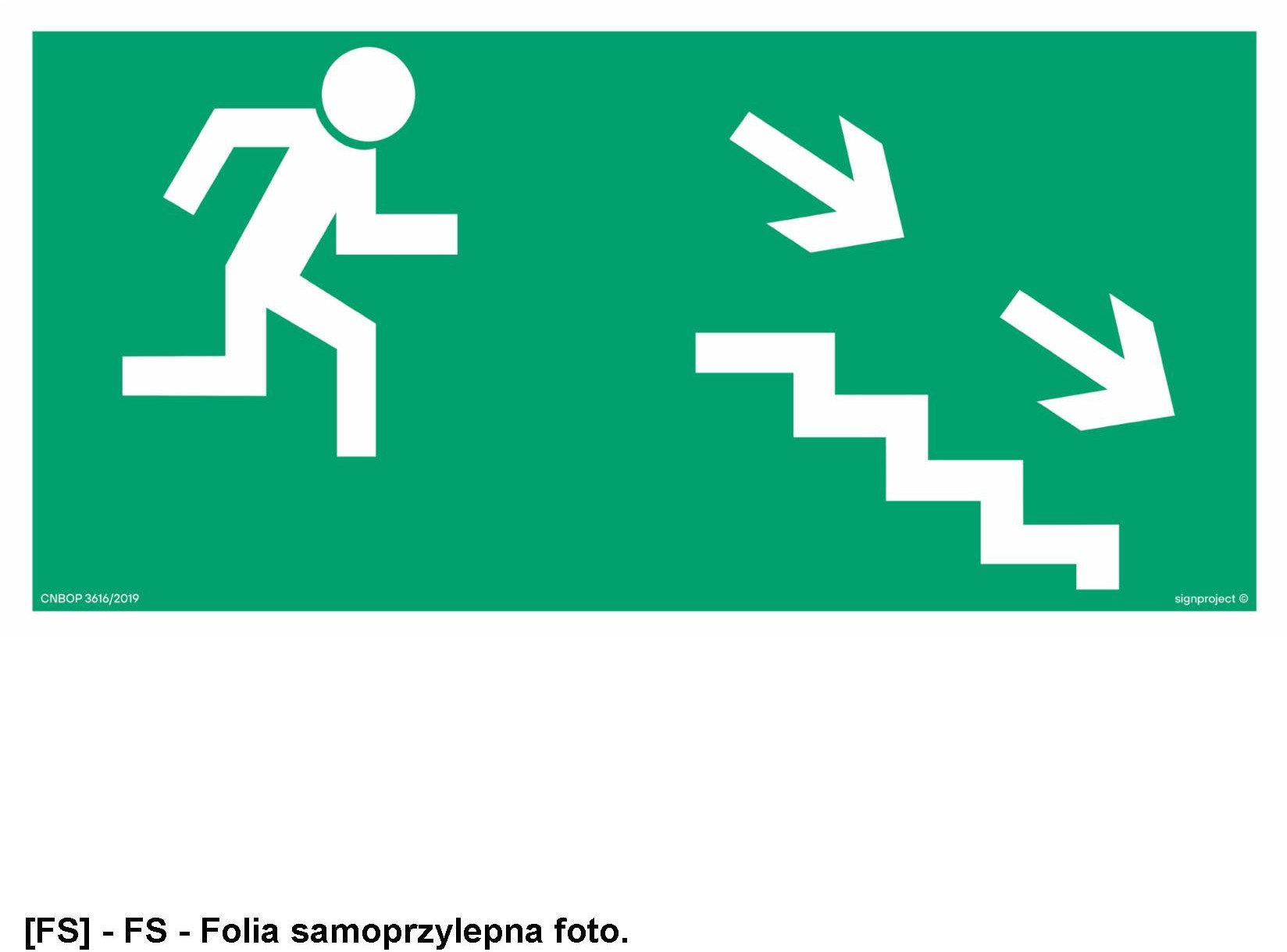 AA004 - Kierunek do wyjścia drogi ewakuacyjnej schodami w dół w prawo 600x300