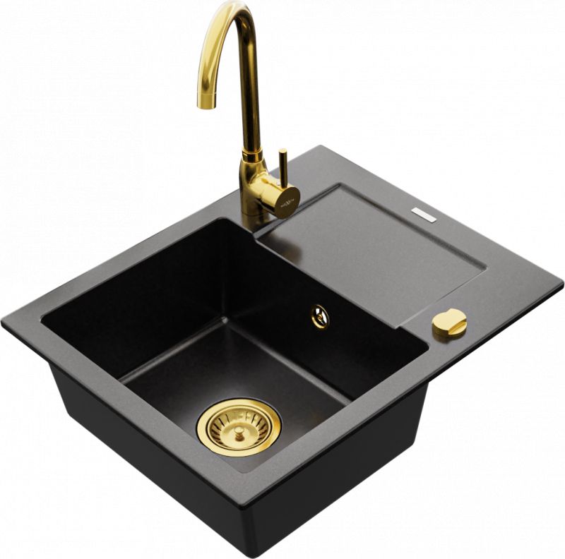 Zlewozmywak Mexen Mexen Enzo zlewozmywak granitowy 1-komorowy z ociekaczem i baterią kuchenną Telma, czarny - 6506-77-670200-50