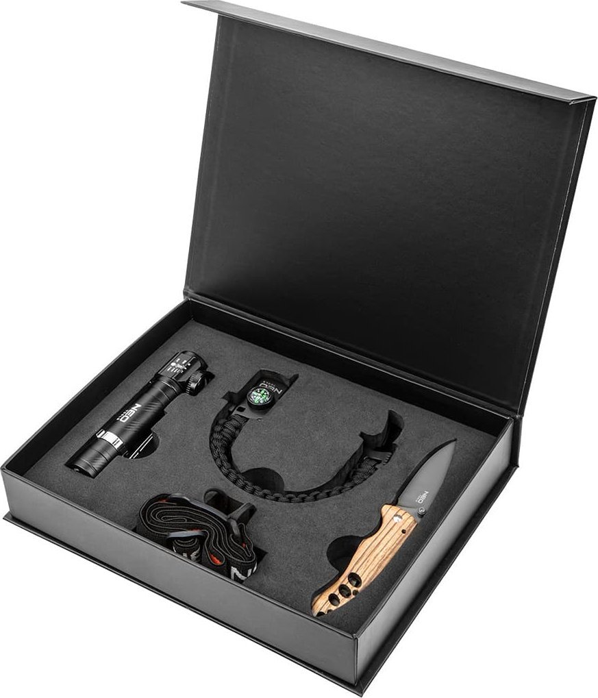 Neo Set 3 elementy (latarka czołowa, bransoletka survivalowa 5 w 1, Nóż składany) 63-033