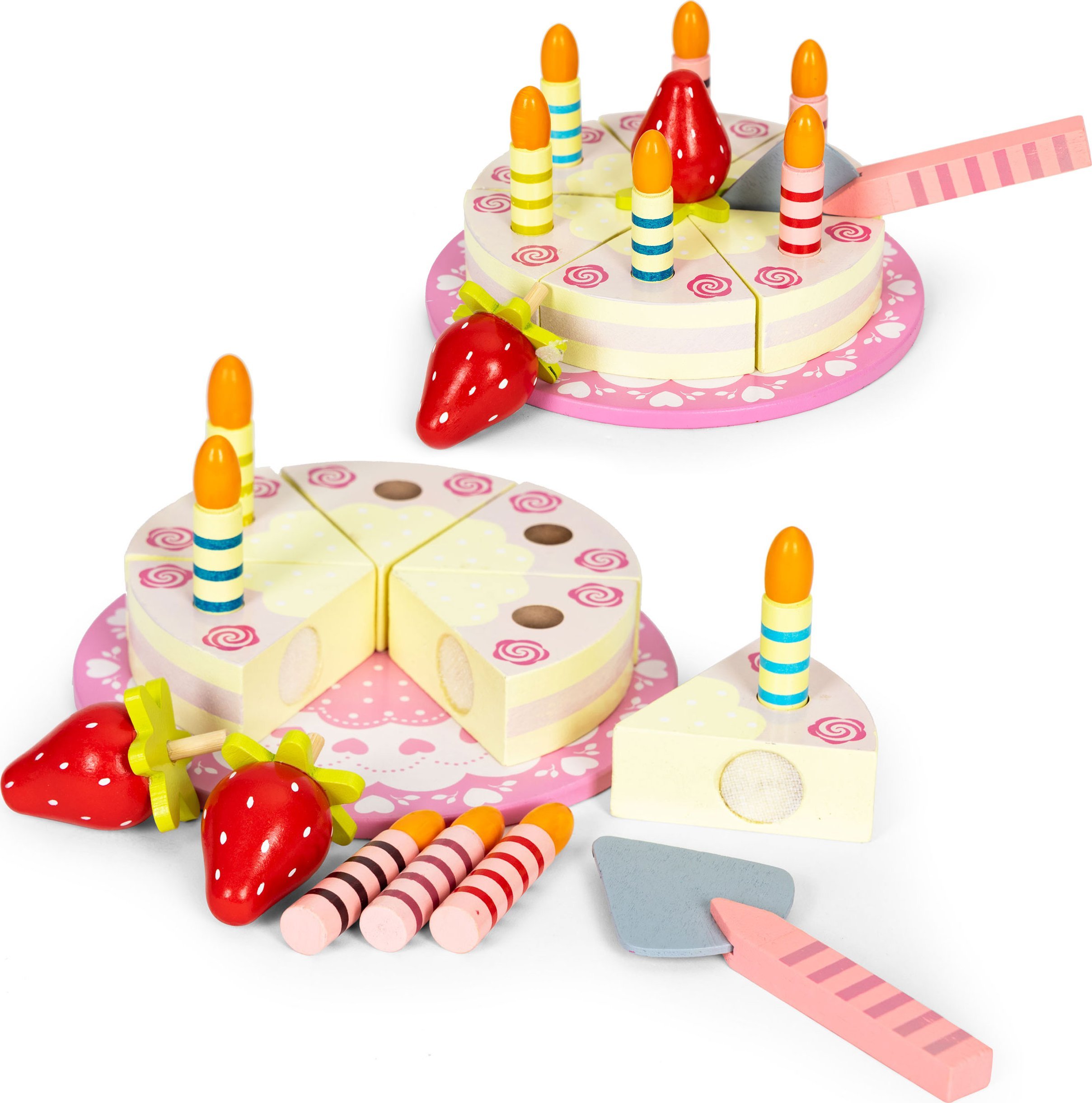 Ecotoys Zestaw drewniany tort na rzepy świeczki owoce dla dzieci 16 elementów ECOTOYS