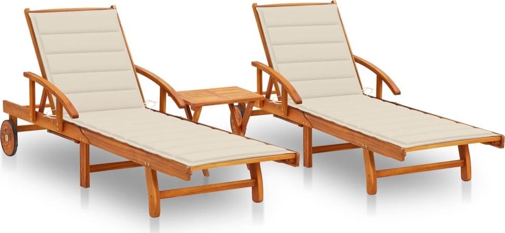 vidaXL Leżaki z poduszkami i stolikiem lite drewno akacjowe 2 szt.