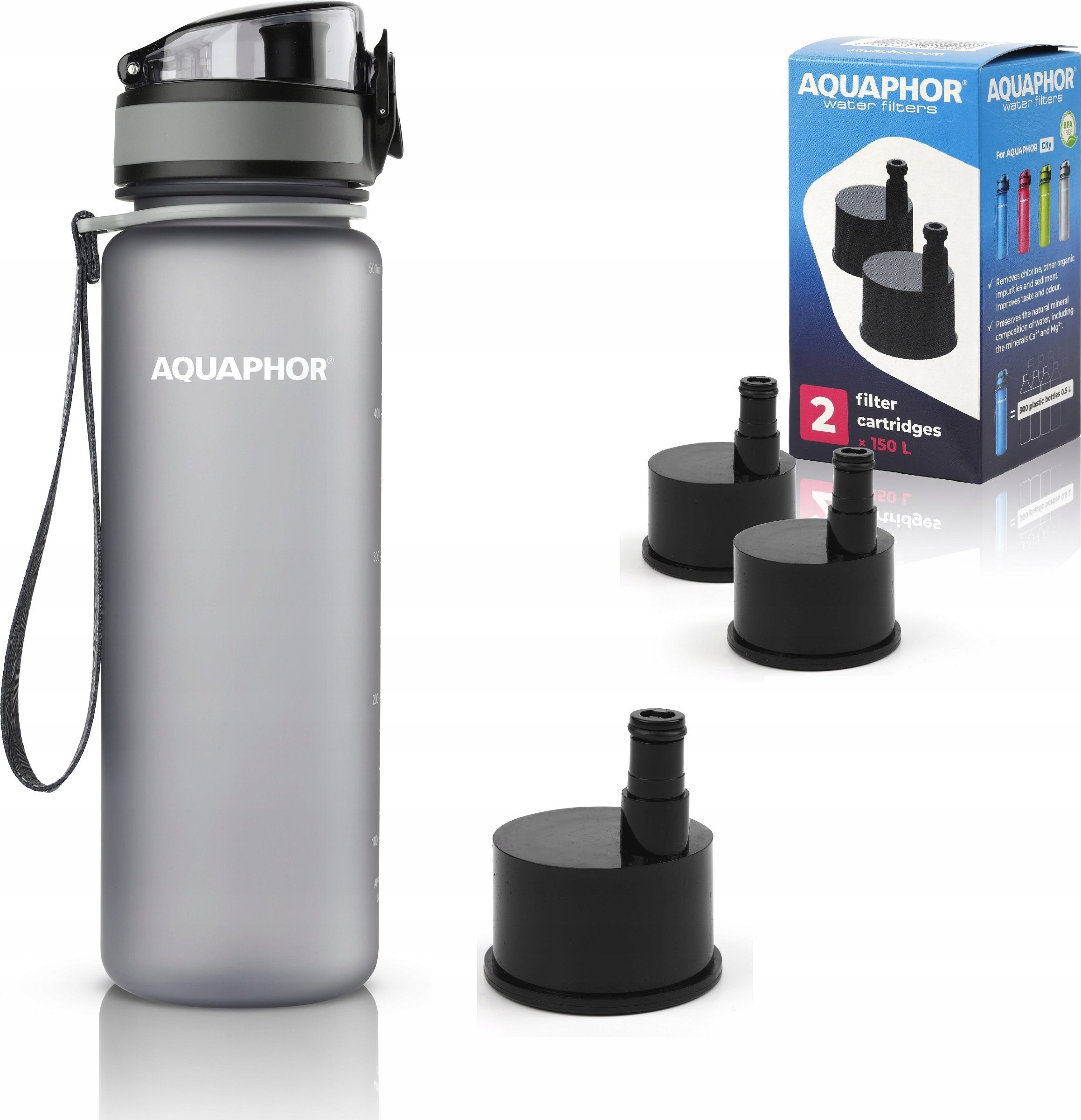 Butelka filtrująca Aquaphor City 500 ml + 3 filtry, szara