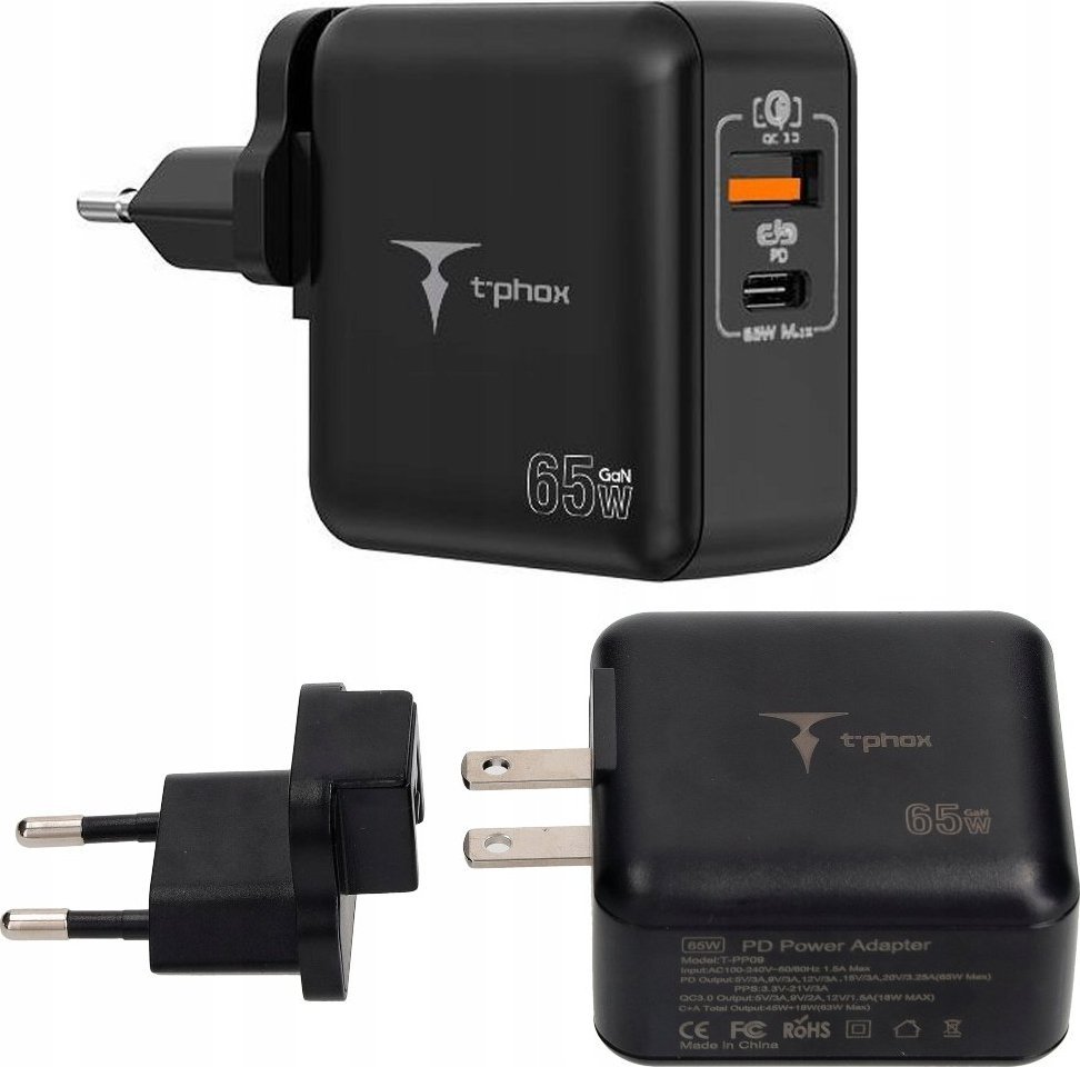 Ładowarka T-Phox ŁAD SIEC T-PHOX MEGA T-PP09 GAN PD 65W USB/USB-C BLACK