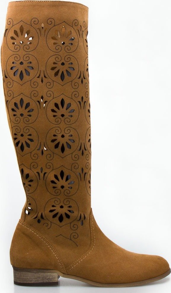 Optimo Kozaki skórzane ażurowe do kolana brązowe Optimo-39