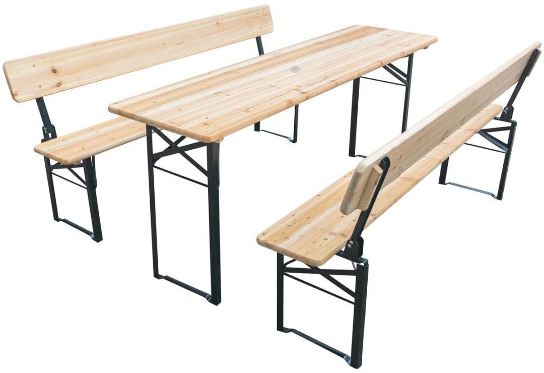 ZESTAW PIKNIKOWY BAROWY DREWNIANY STÓŁ I 2 ŁAWKI ZE SKŁADANYM OPARCIEM