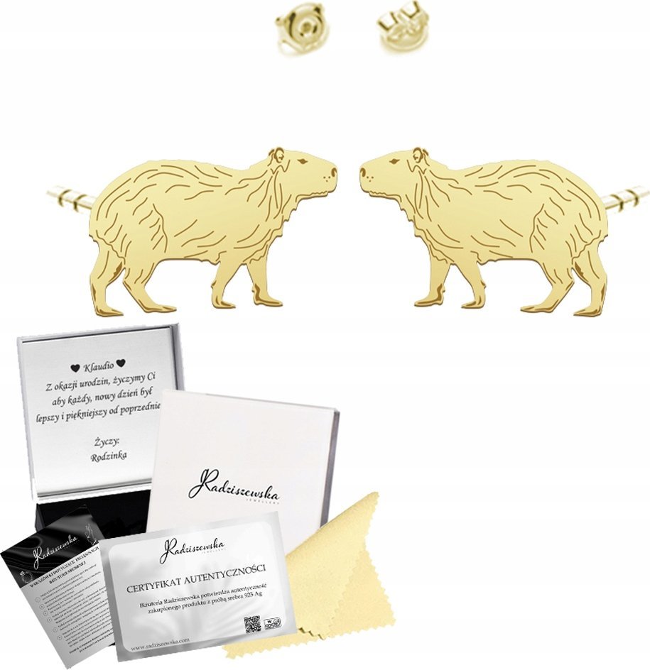 Radziszewska Jewellery Kolczyki Złote z Kapibarą Sztyfty Prezent Biżuteria Srebro 925 ŻYCZENIA