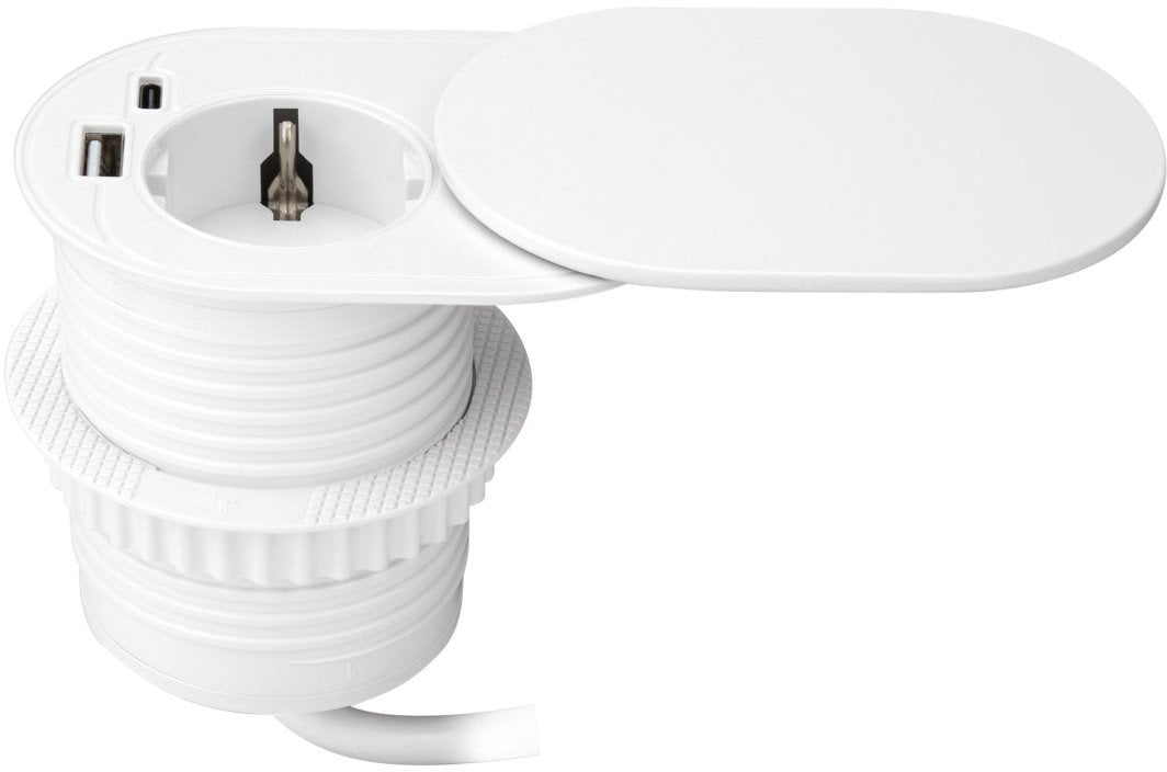 Gniazdo meblowe ?6cm, wpuszczane w blat z przesuwną pokrywką, ładowarką USB i przewodem 1,9m, 1x2P+Z (Schuko), 2xUSB (typ A+C; P