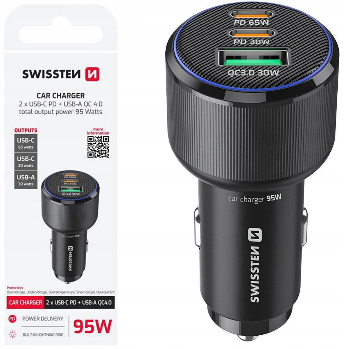 Ładowarka Swissten Car Charger 2x USB-C PD / USB / 95W