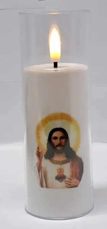 Świeca LED z św. obrazkiem LED 5.5x15cm z efektem płomienia 2xAA na groby