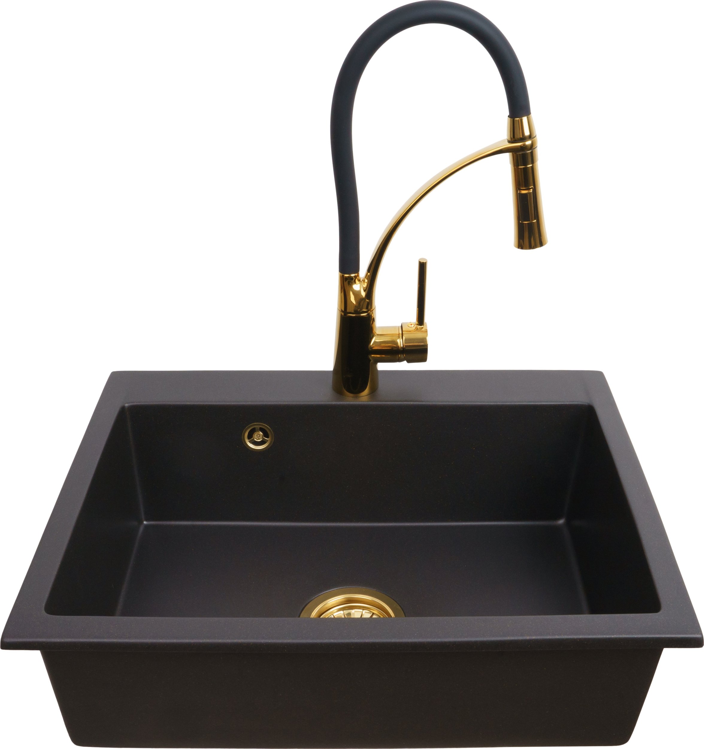 Zlewozmywak PREHNIT Zlewozmywak jednokomorowy ELAN czarny złoty metalik + bateria z wyciąganą wylewką nexo złota
