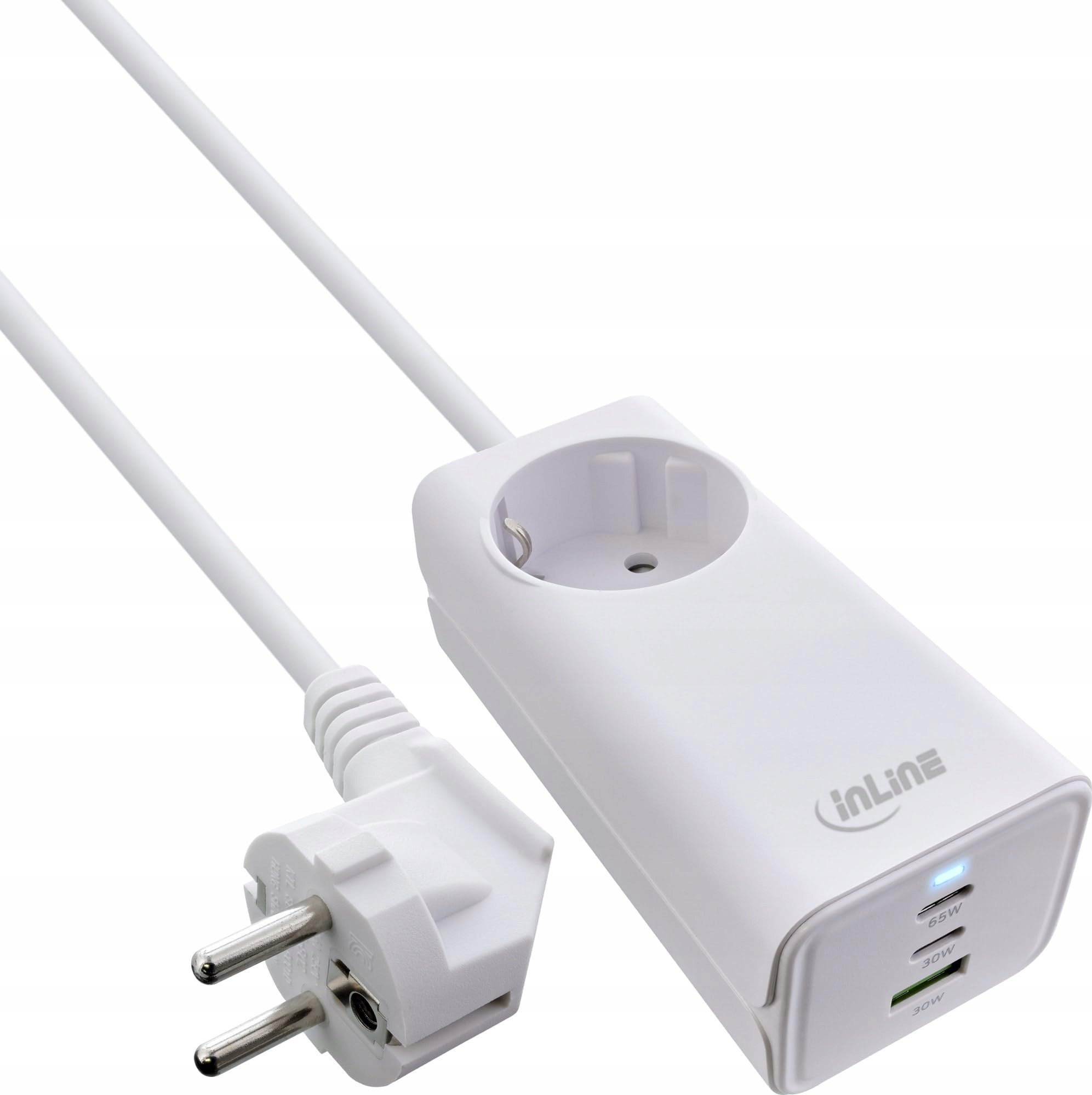 InLine InLine® USB power supply, 65W charger, 2x USB-C + 1x USB-A, with safety socket and 1.5m cable, PD3.0 PPS GaN, white