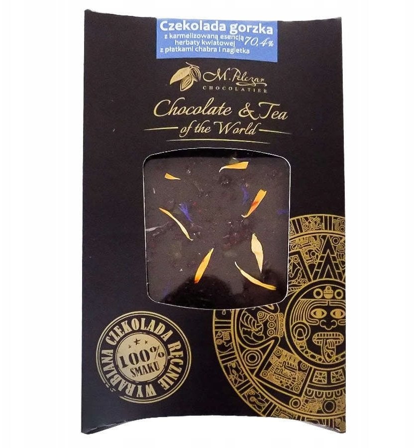 M.Pelczar Chocolatier Gorzka czekolada z karmelizowaną kwiatową herbatą i nagietkiem i chabrem 85g