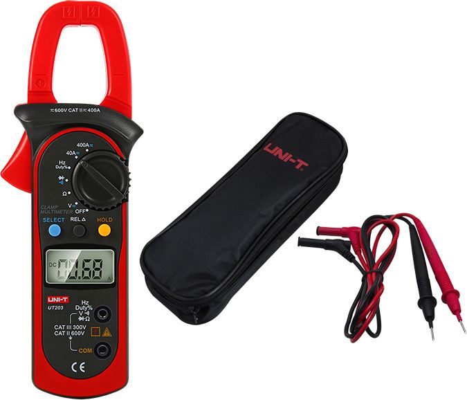 Unit Miernik cyfrowy cęgowy stały-zmienny UNi-T UT203 Kable pomiarowe Etui