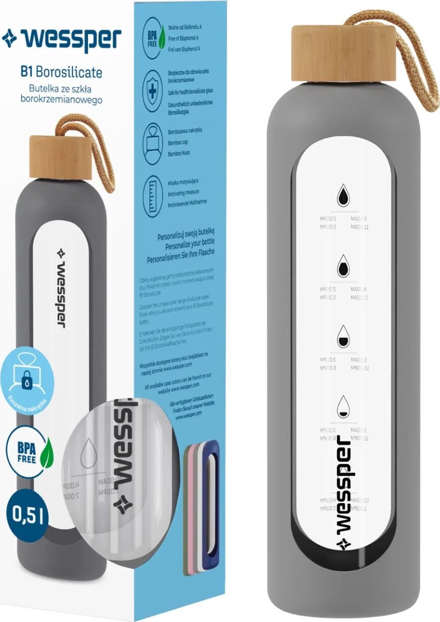 Wessper Szklana butelka z miarką motywacyjną B1 Borosilicate szara 500 ml