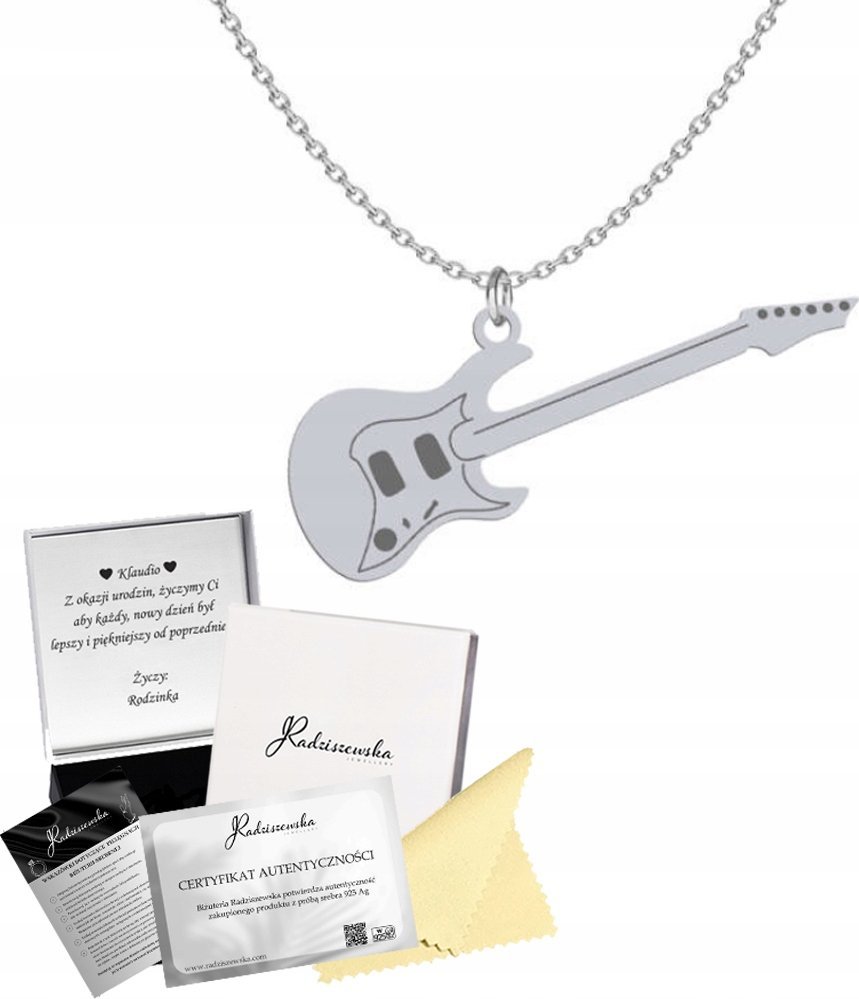 Radziszewska Jewellery Naszyjnik Srebrny Gitara Elektryczna 925 Łańcuszek Prezent GRAWER GRATIS