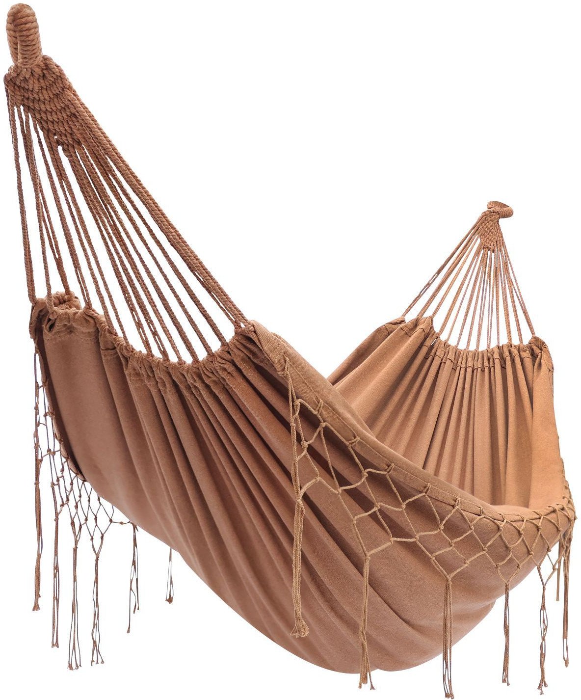 Dwuosobowy hamak ogrodowy z frędzlami w stylu boho BRĄZOWY