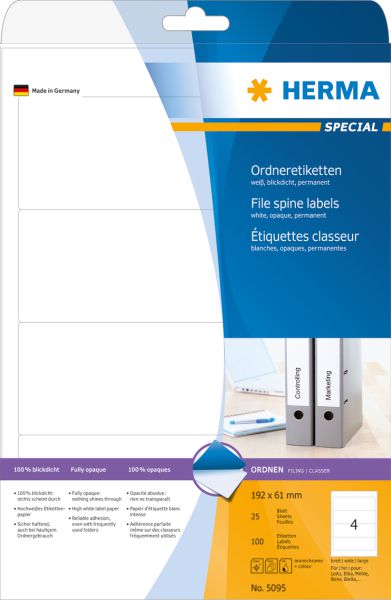 Herma Etykiety Special na segregatory, A4, białe, papier matowy nieprzejrzysty, 100 szt., zaokrąglone narożniki. (5095)